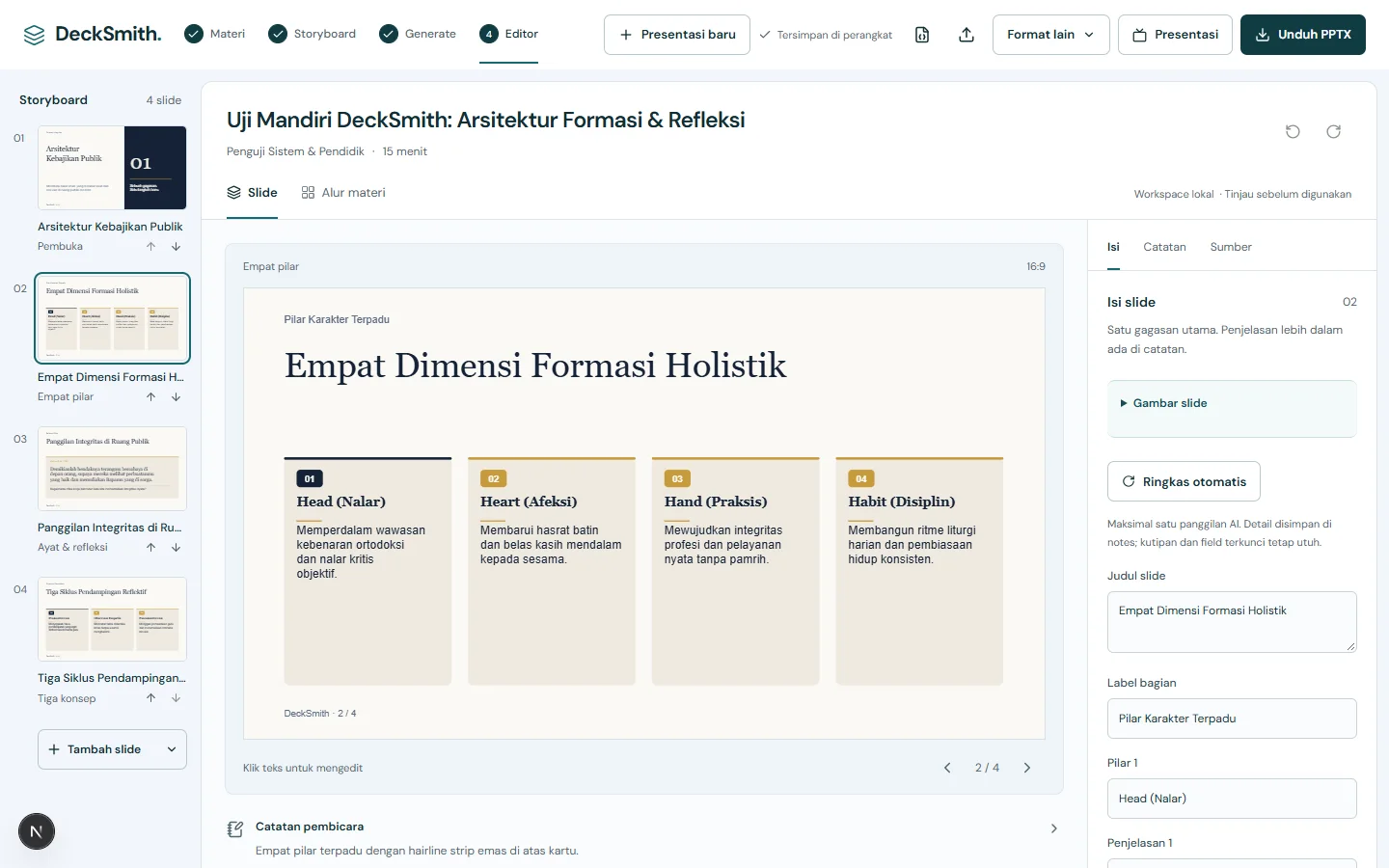 Editor DeckSmith dengan storyboard, slide empat pilar dan panel isi pada materi contoh.