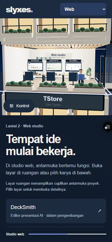 Studio Slyxes di HP dengan dropdown Web, tombol Kontrol, daftar proyek dan label posisi Studio web.